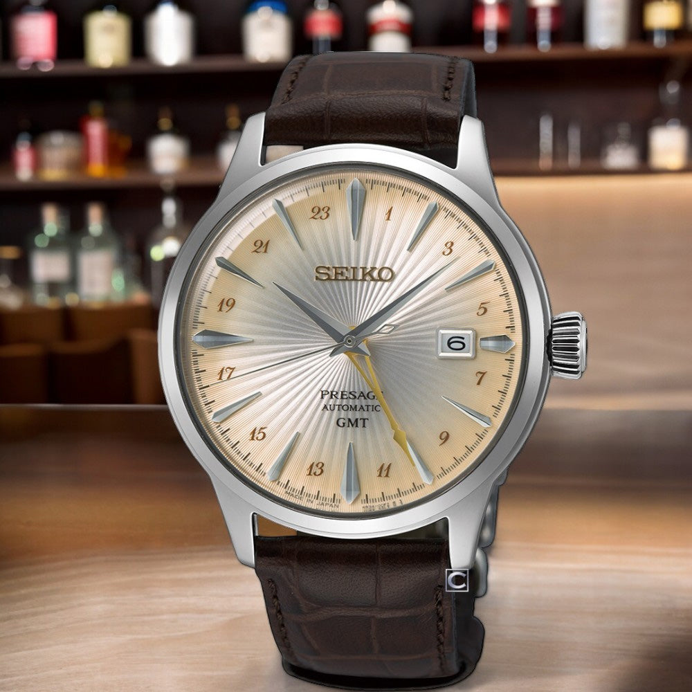 Seiko Japan Made Presage GMT Cocktail Acacia Men's Leather Strap Watch SSK041J1