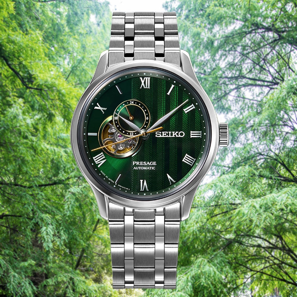 Seiko Presage Japanese Zen Gardens Fern Green Open Heart Men's Watch SSA463J1