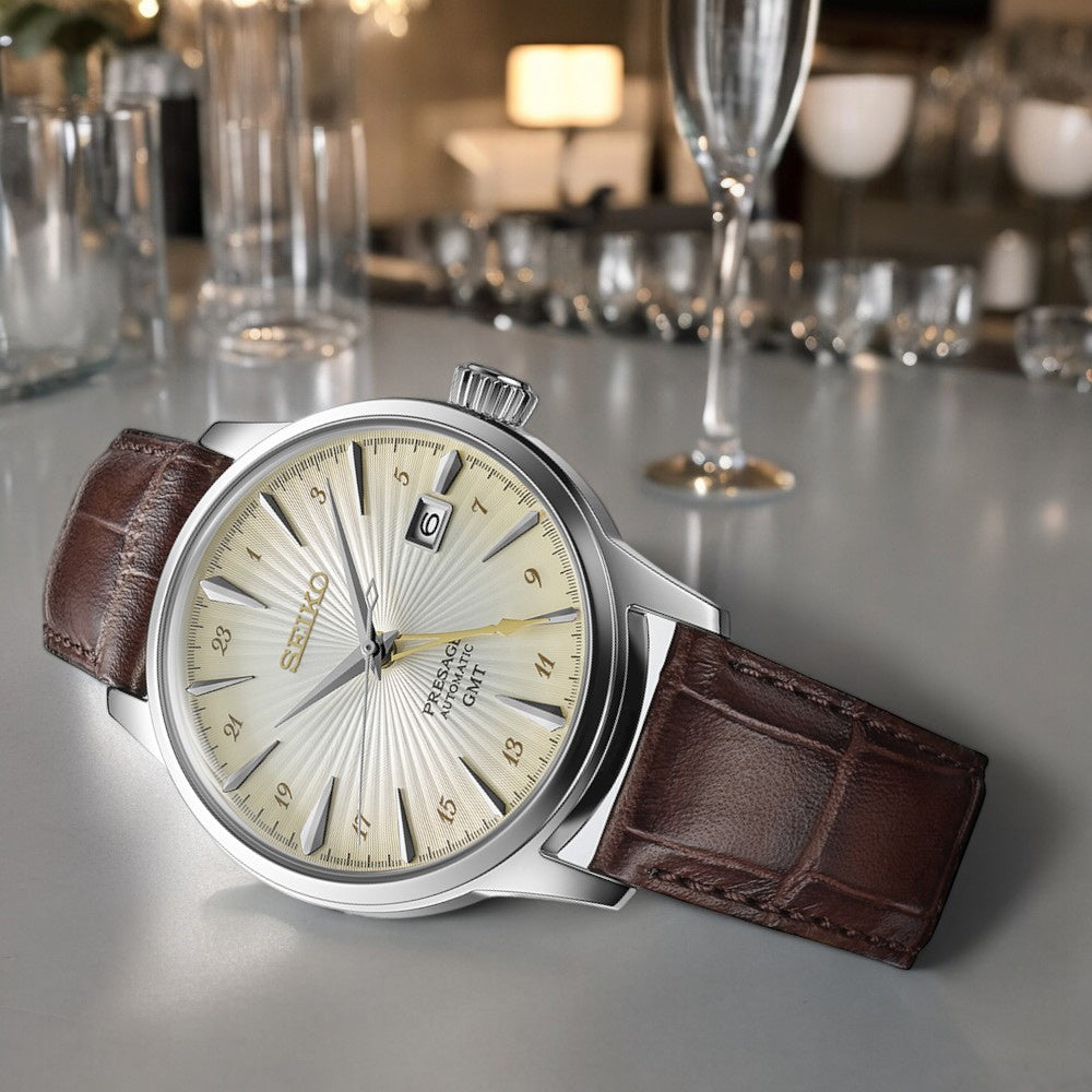 Seiko Japan Made Presage GMT Cocktail Acacia Men's Leather Strap Watch SSK041J1