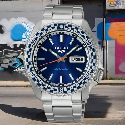 Seiko 5 100M X Petrol Blue Checkered Flag Timer Special Edition Automatic Watch SRPK65K1