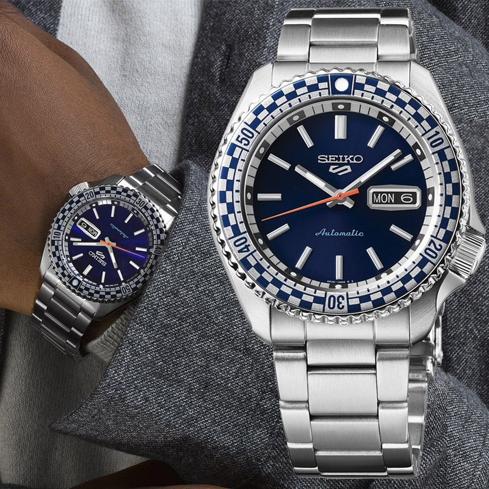 Seiko 5 100M X Petrol Blue Checkered Flag Timer Special Edition Automatic Watch SRPK65K1