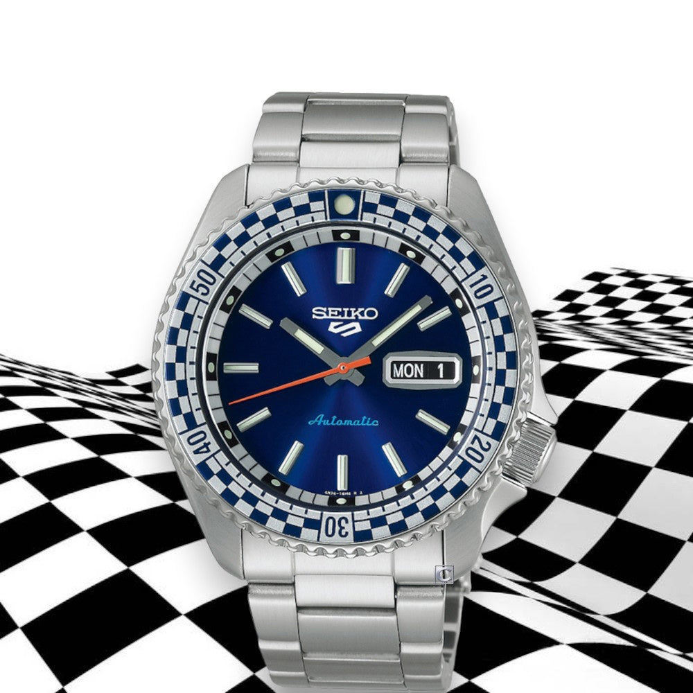 Seiko 5 100M X Petrol Blue Checkered Flag Timer Special Edition Automatic Watch SRPK65K1