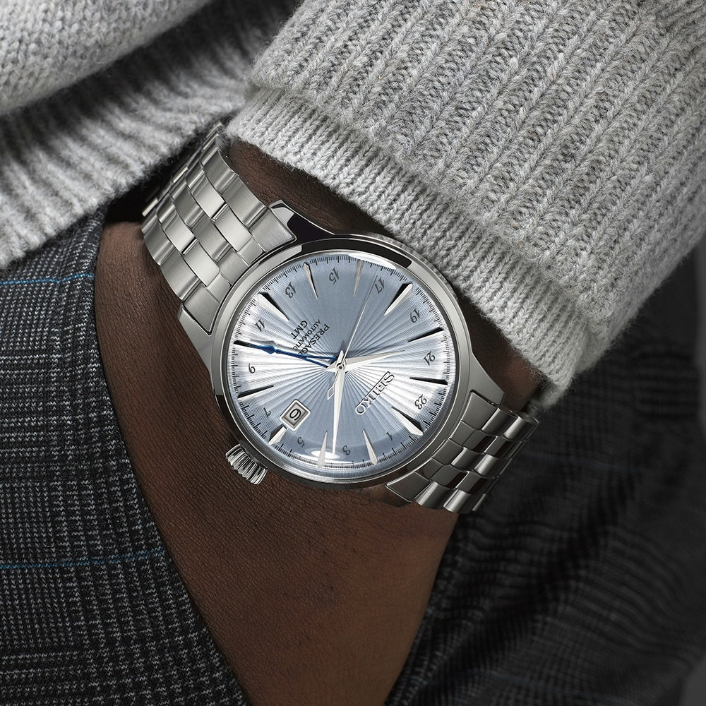 Seiko Japan Made Presage GMT Cocktail Sky Diving Men's Stainless Steel Watch SSK037J1