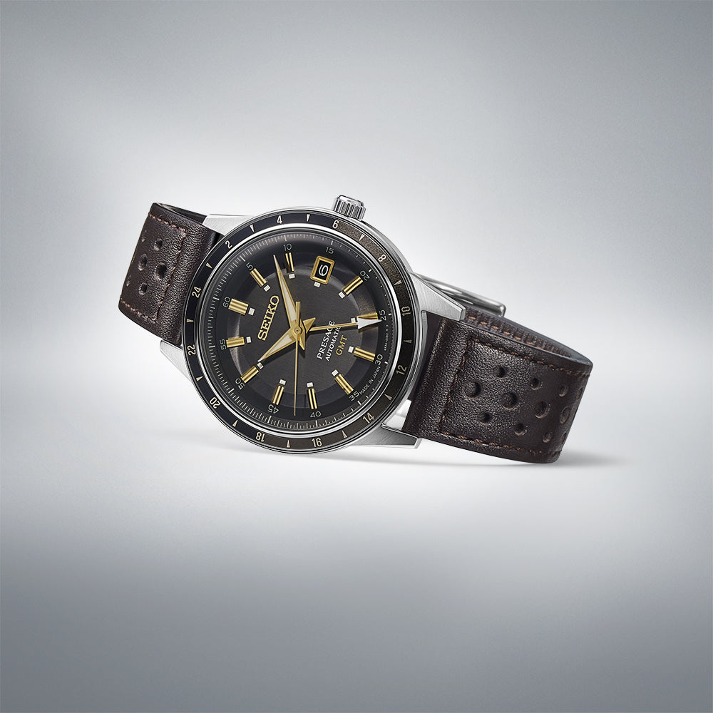 Seiko Presage Style 60 Fume Grey Dial GMT Men's Dark Brown Leather Strap Watch SSK013J1
