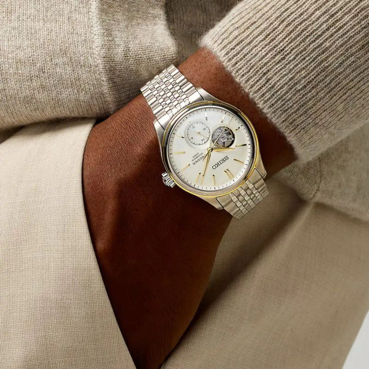 Seiko Presage Shiroiro Classic Series 2-Tone Gold Plated Stainless Steel Open Heart Men's Watch SPB480J1