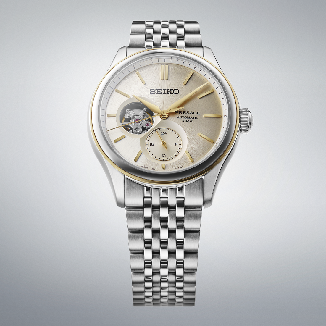Seiko Presage Shiroiro Classic Series 2-Tone Gold Plated Stainless Steel Open Heart Men's Watch SPB480J1