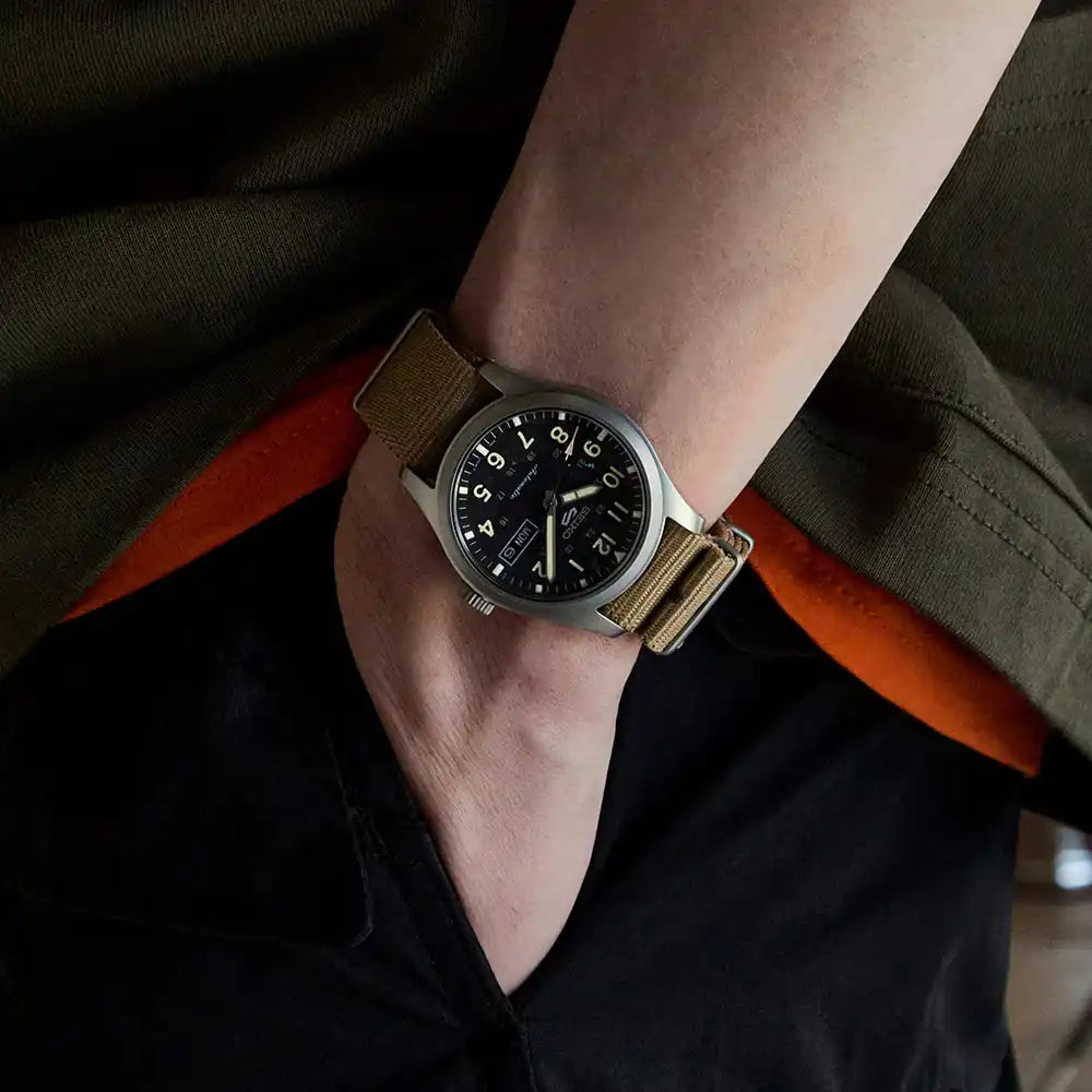 Seiko 5 100M Field Sports Style Black Dial Automatic Nato Strap Watch SRPG35K1