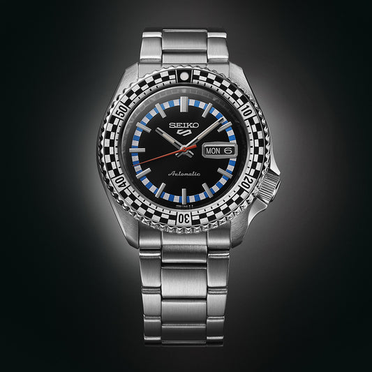 Seiko 5 100M X Black and White Checkered Flag Timer Special Edition Automatic Watch SRPK67K1