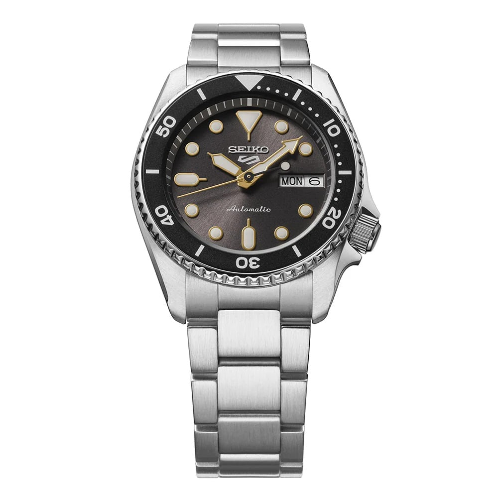 Seiko 5 Sports 100M Automatic Boy Size 38mm Watch Black Bezel Street Stonewash Dial SRPL79K1