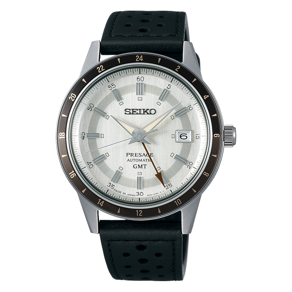 Seiko Presage Style 60 Silver Dial GMT Men's Black Leather Strap Watch SSK011J1