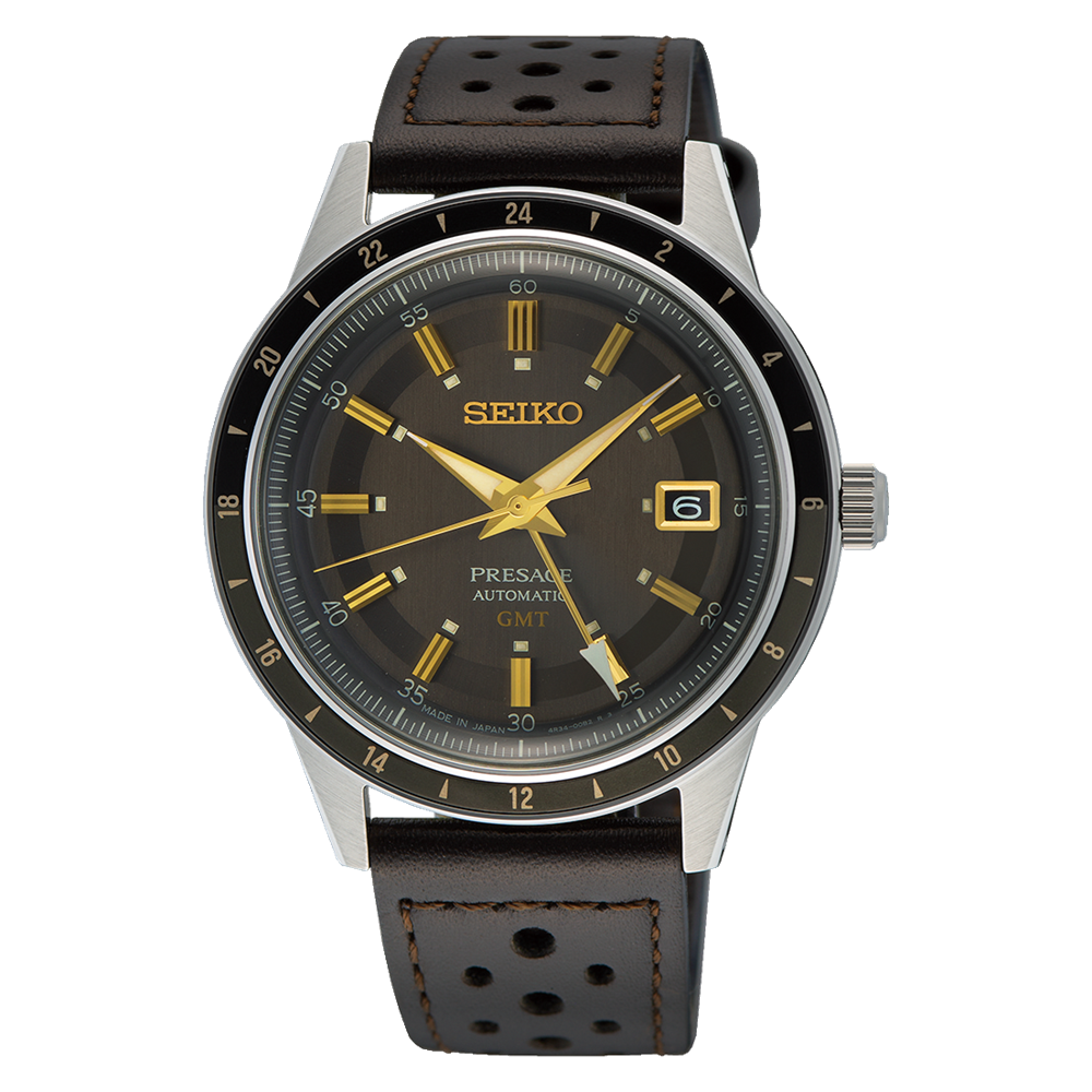 Seiko Presage Style 60 Fume Grey Dial GMT Men's Dark Brown Leather Strap Watch SSK013J1