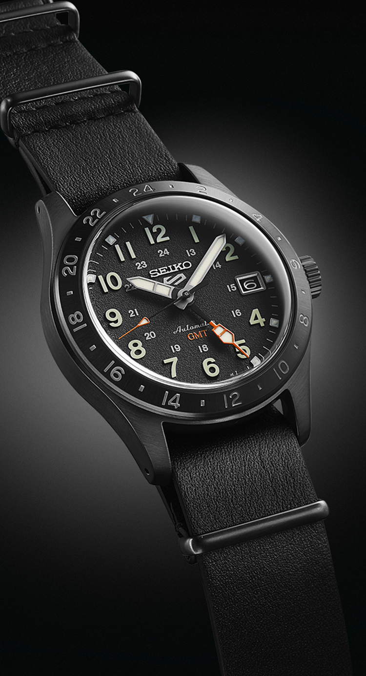 Seiko 5 Sports 100M GMT Style All Black Automatic Leather Strap Watch SSK025K1