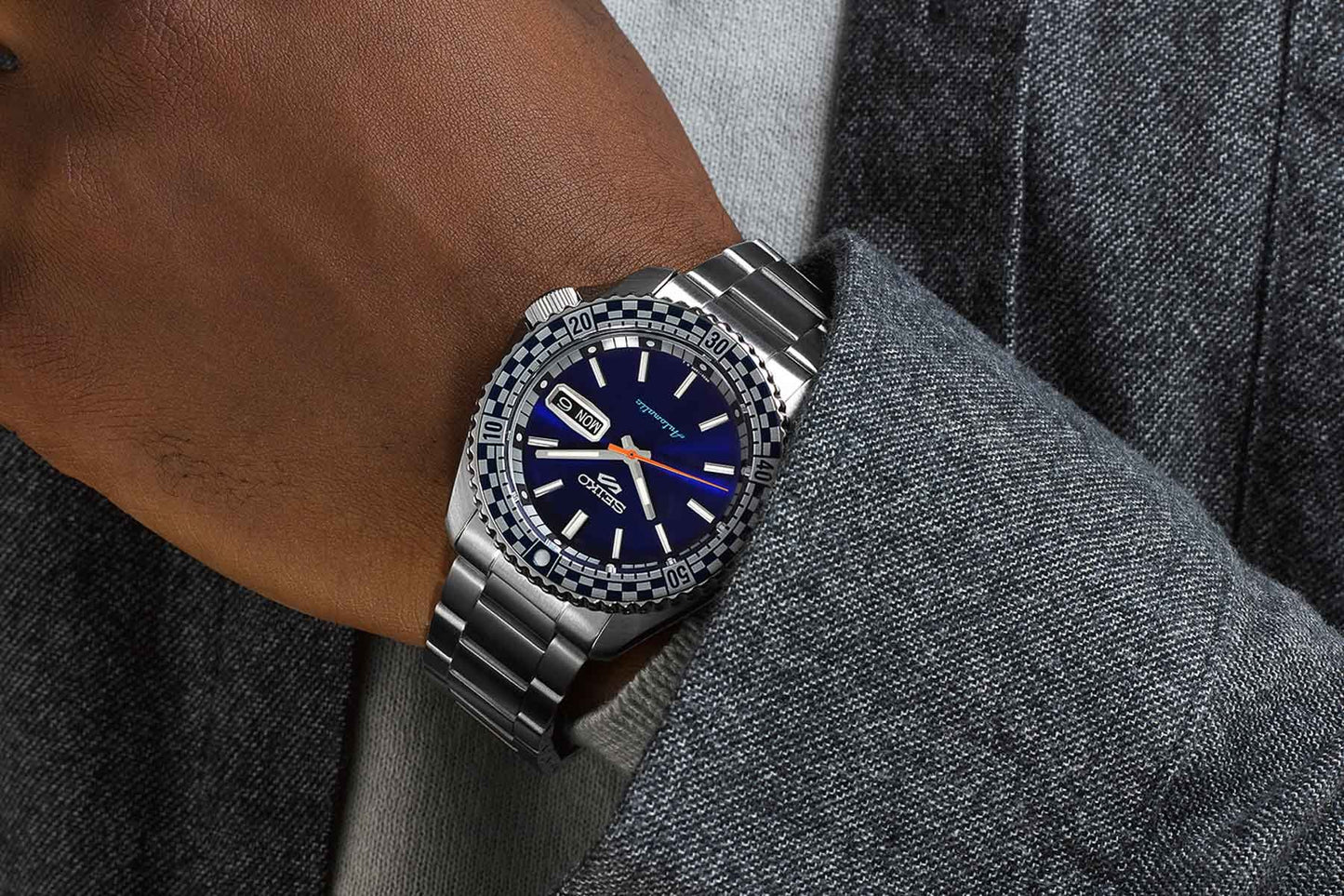 Seiko 5 100M X Petrol Blue Checkered Flag Timer Special Edition Automatic Watch SRPK65K1