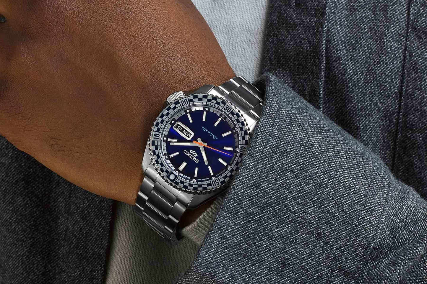 Seiko 5 100M X Petrol Blue Checkered Flag Timer Special Edition Automatic Watch SRPK65K1