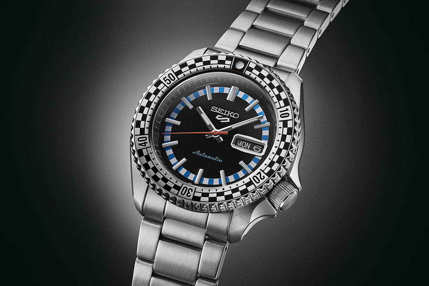 Seiko 5 100M X Black and White Checkered Flag Timer Special Edition Automatic Watch SRPK67K1