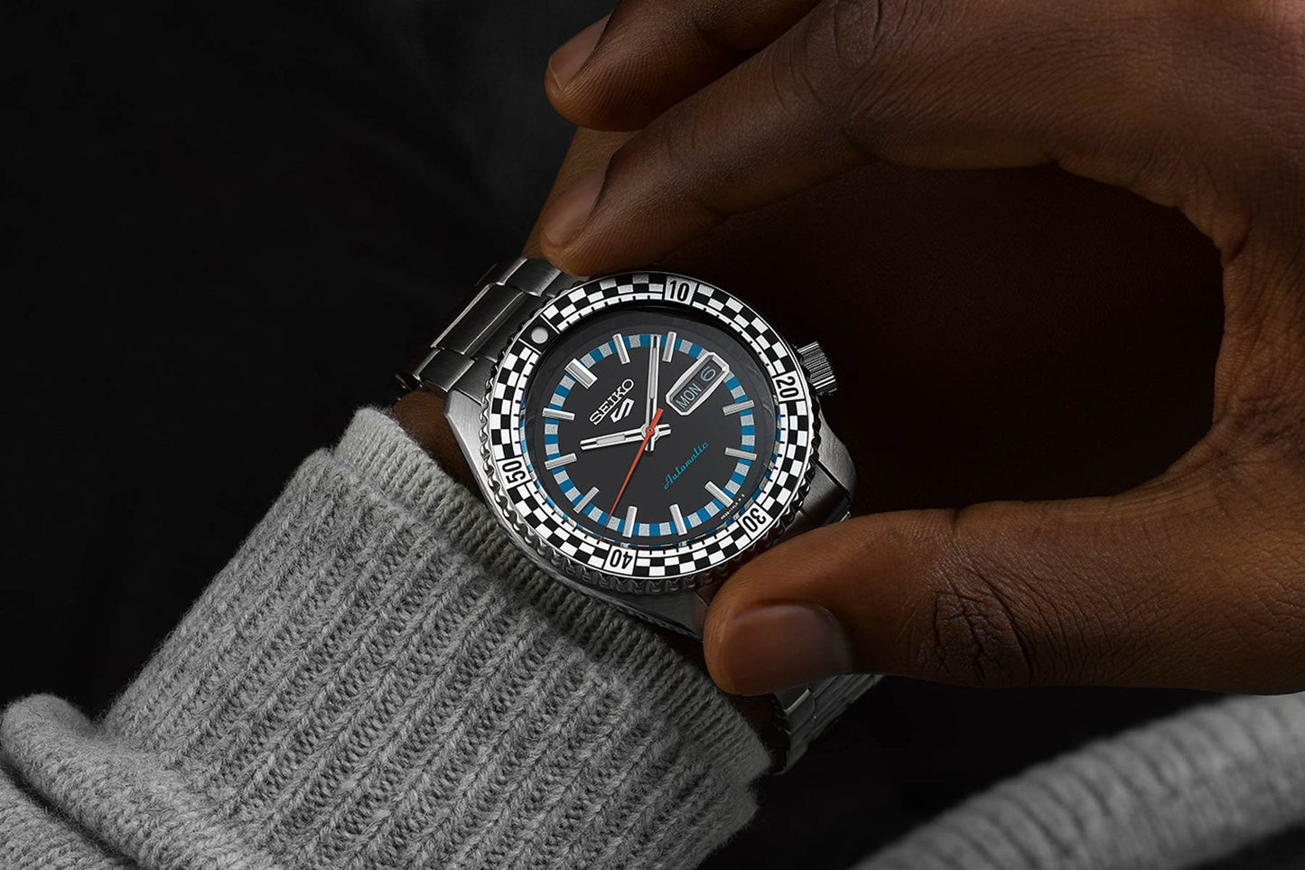 Seiko 5 100M X Black and White Checkered Flag Timer Special Edition Automatic Watch SRPK67K1