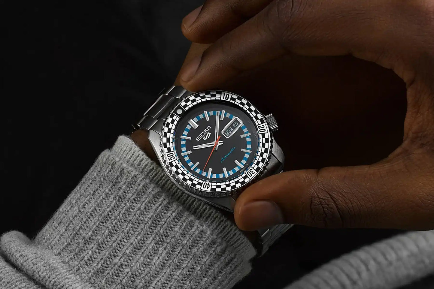 Seiko 5 100M X Black and White Checkered Flag Timer Special Edition Automatic Watch SRPK67K1