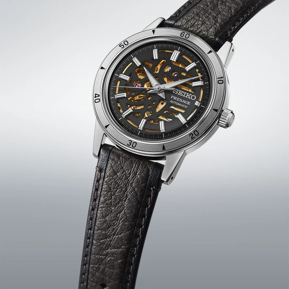 Seiko Presage Style 60 Black Men's Brown Leather Strap Men's Watch SSA461J1