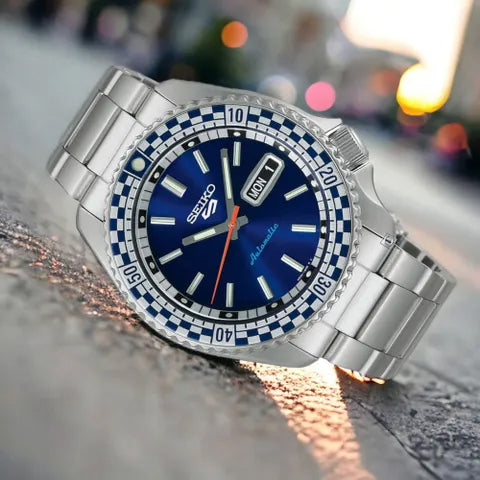 Seiko 5 100M X Petrol Blue Checkered Flag Timer Special Edition Automatic Watch SRPK65K1