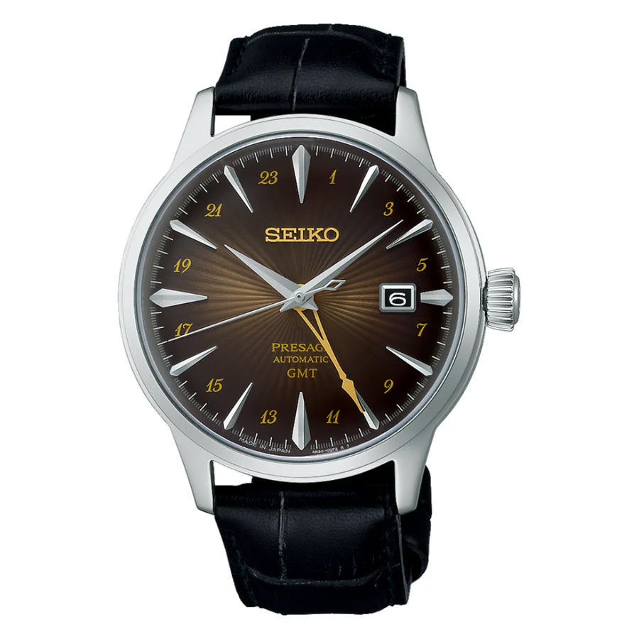 Seiko Japan Made Presage GMT Cocktail Rusty Nail Men's Leather Strap Watch SSK039J1