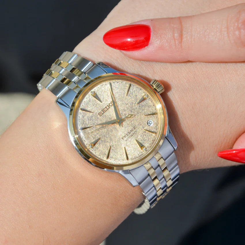 Seiko Japan Made Presage Cocktail Time "Frozen Banana Daiquiri" Ladies' 2-Tone Gold-Plated Stainless Steel SRPL64J1