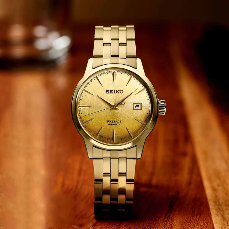 Seiko Special Edition Presage Cocktail Time Beer Julep Men's Gold Ion Plated Stainless Steel Watch SRPK46J1