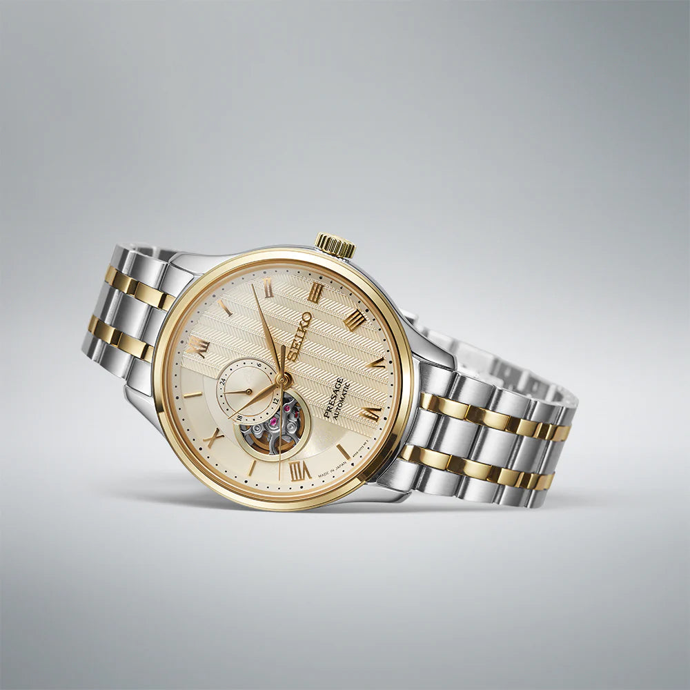 Seiko Presage Japanese Zen Gardens Gold-toned Sand Open Heart Men's Watch SSA464J1