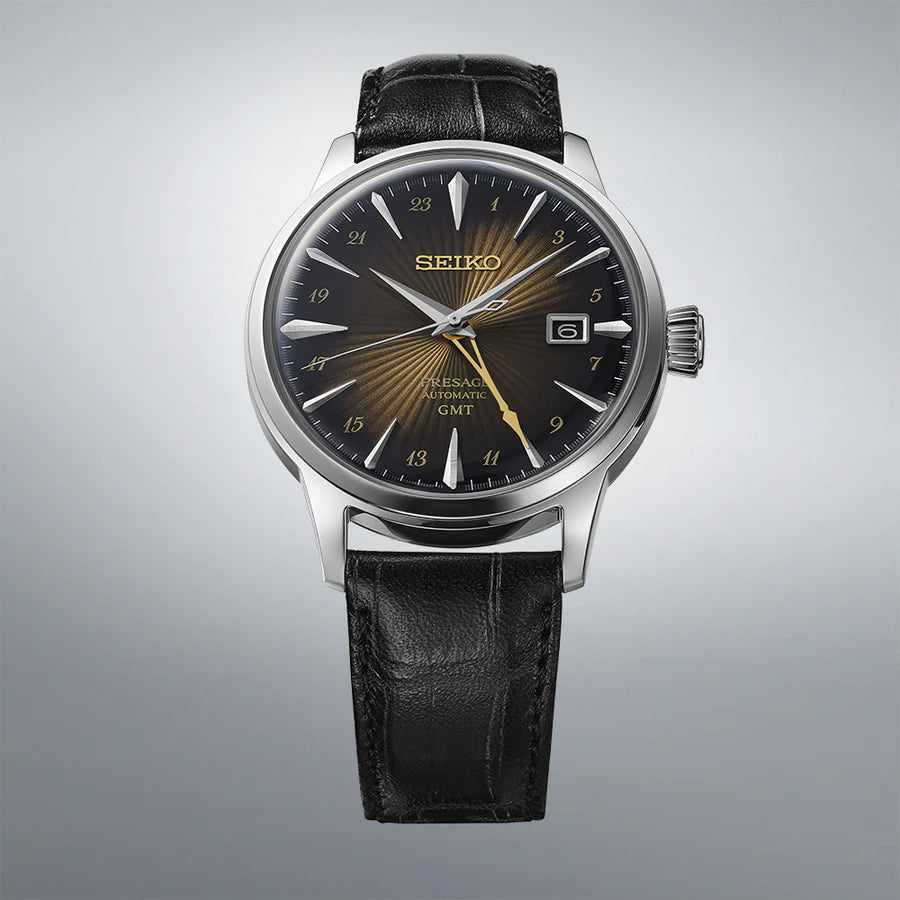 Seiko Japan Made Presage GMT Cocktail Rusty Nail Men's Leather Strap Watch SSK039J1