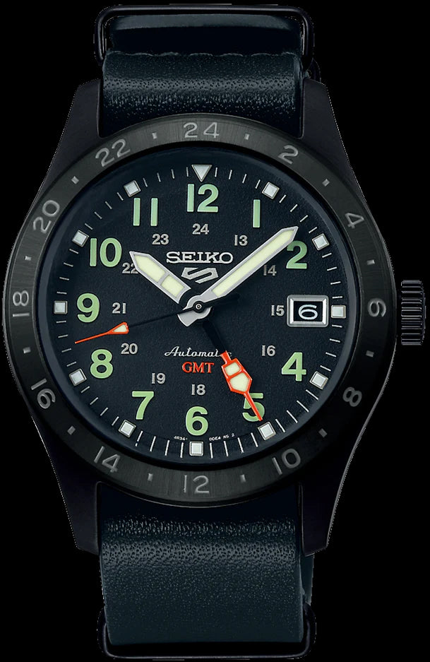Seiko 5 Sports 100M GMT Style All Black Automatic Leather Strap Watch SSK025K1