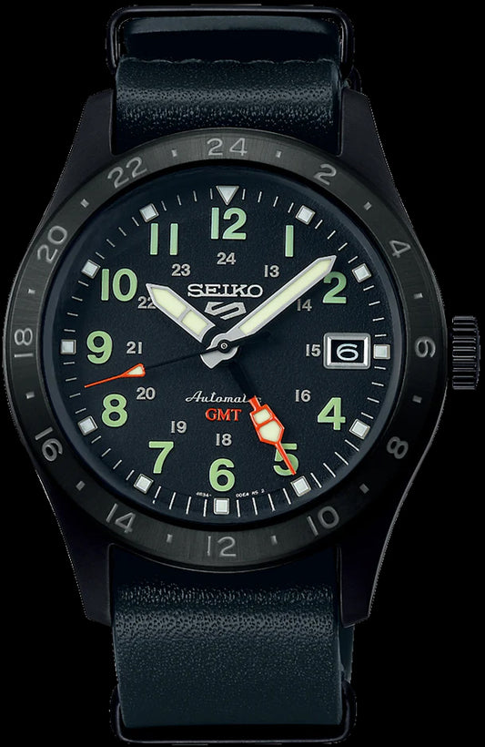 Seiko 5 Sports 100M GMT Style All Black Automatic Leather Strap Watch SSK025K1