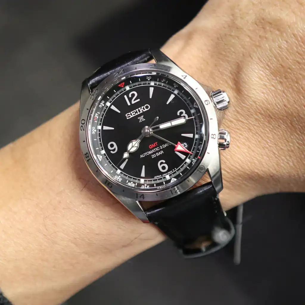 Seiko Japan Made Prospex Alpinist GMT Black Men's Leather Strap Watch SPB379J1