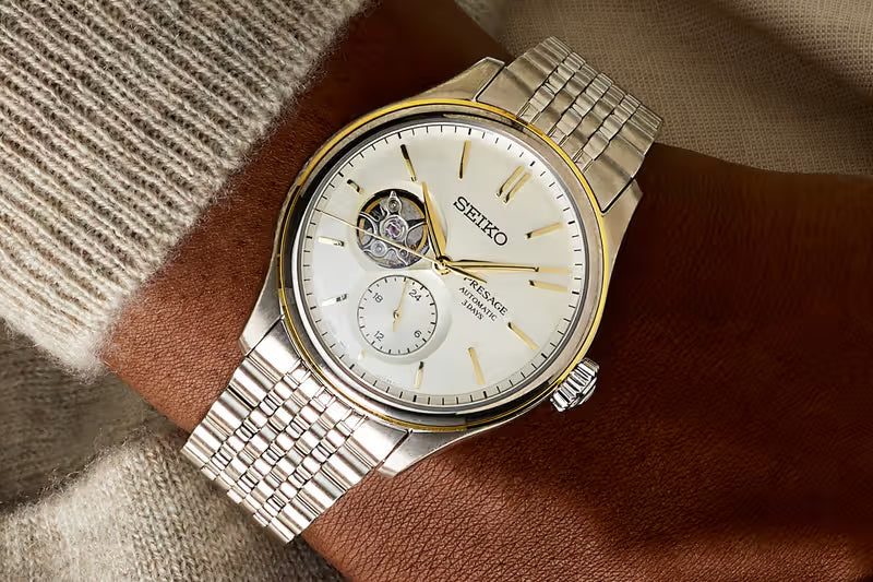 Seiko Presage Shiroiro Classic Series 2-Tone Gold Plated Stainless Steel Open Heart Men's Watch SPB480J1