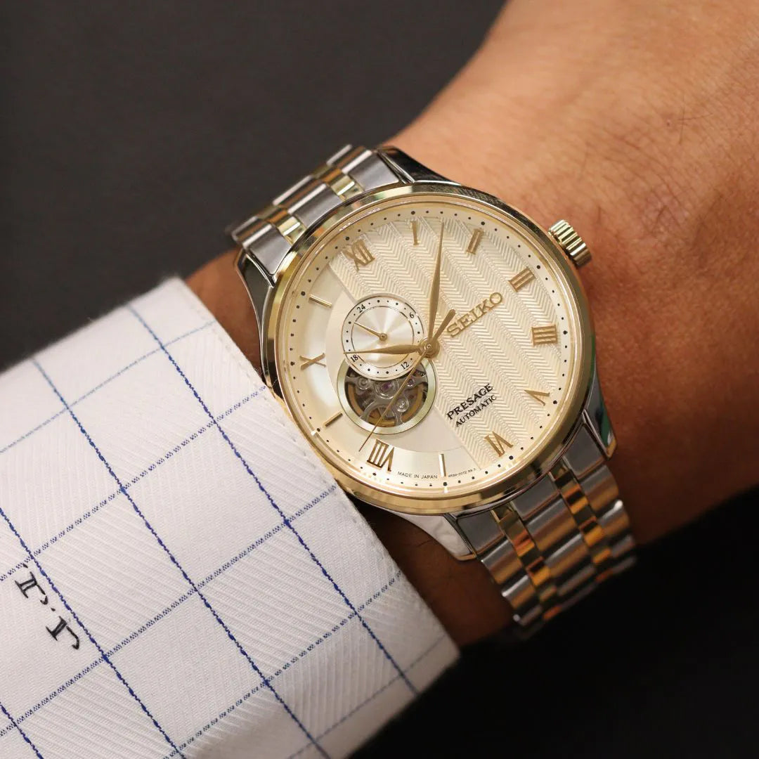 Seiko Presage Japanese Zen Gardens Gold-toned Sand Open Heart Men's Watch SSA464J1