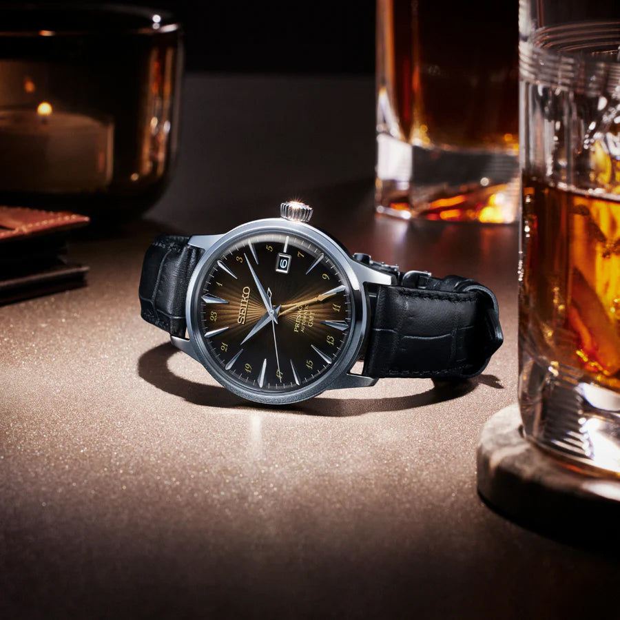 Seiko Japan Made Presage GMT Cocktail Rusty Nail Men's Leather Strap Watch SSK039J1