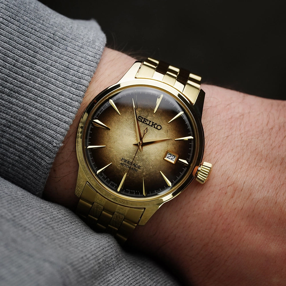 Seiko Special Edition Presage Cocktail Time Half and Half Men's Gold Ion Plated Stainless Steel Watch SRPK48J1