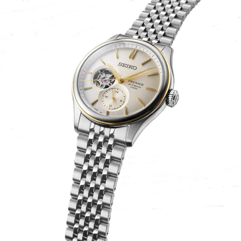 Seiko Presage Shiroiro Classic Series 2-Tone Gold Plated Stainless Steel Open Heart Men's Watch SPB480J1