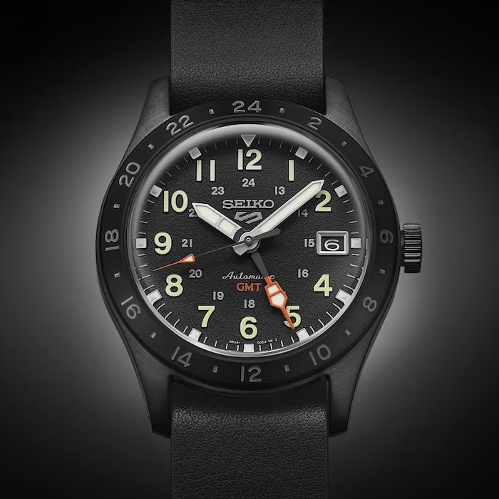 Seiko 5 Sports 100M GMT Style All Black Automatic Leather Strap Watch SSK025K1