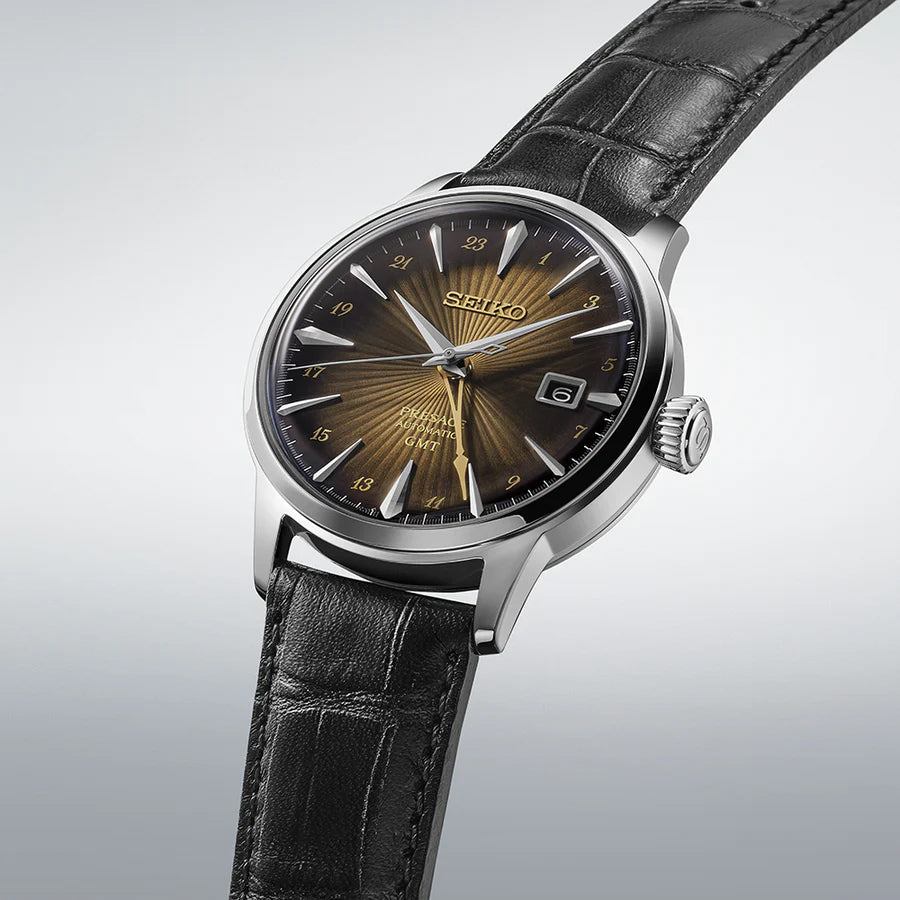 Seiko Japan Made Presage GMT Cocktail Rusty Nail Men's Leather Strap Watch SSK039J1