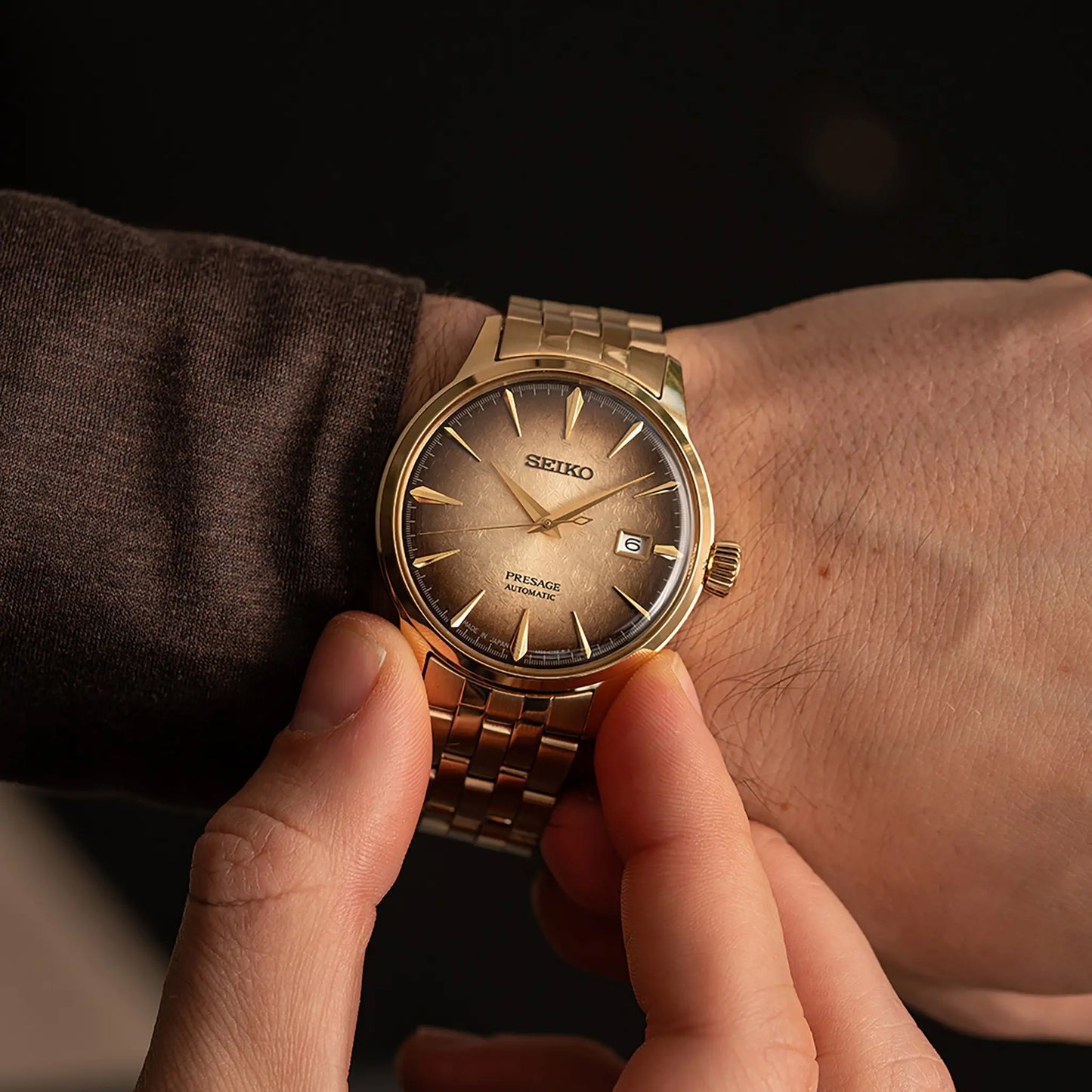 Seiko Special Edition Presage Cocktail Time Half and Half Men's Gold Ion Plated Stainless Steel Watch SRPK48J1