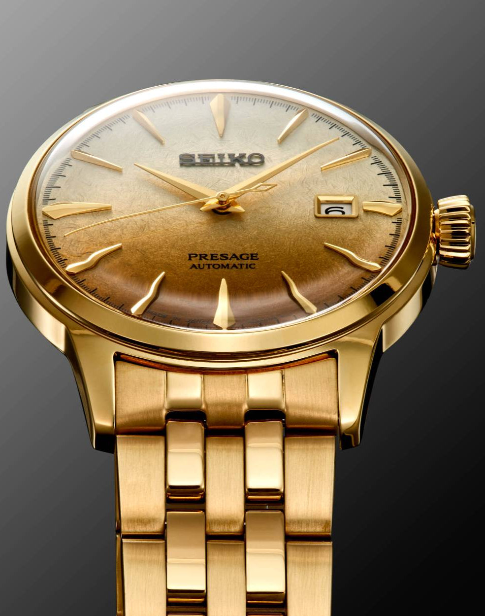 Seiko Special Edition Presage Cocktail Time Beer Julep Men's Gold Ion Plated Stainless Steel Watch SRPK46J1
