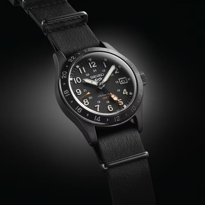 Seiko 5 Sports 100M GMT Style All Black Automatic Leather Strap Watch SSK025K1