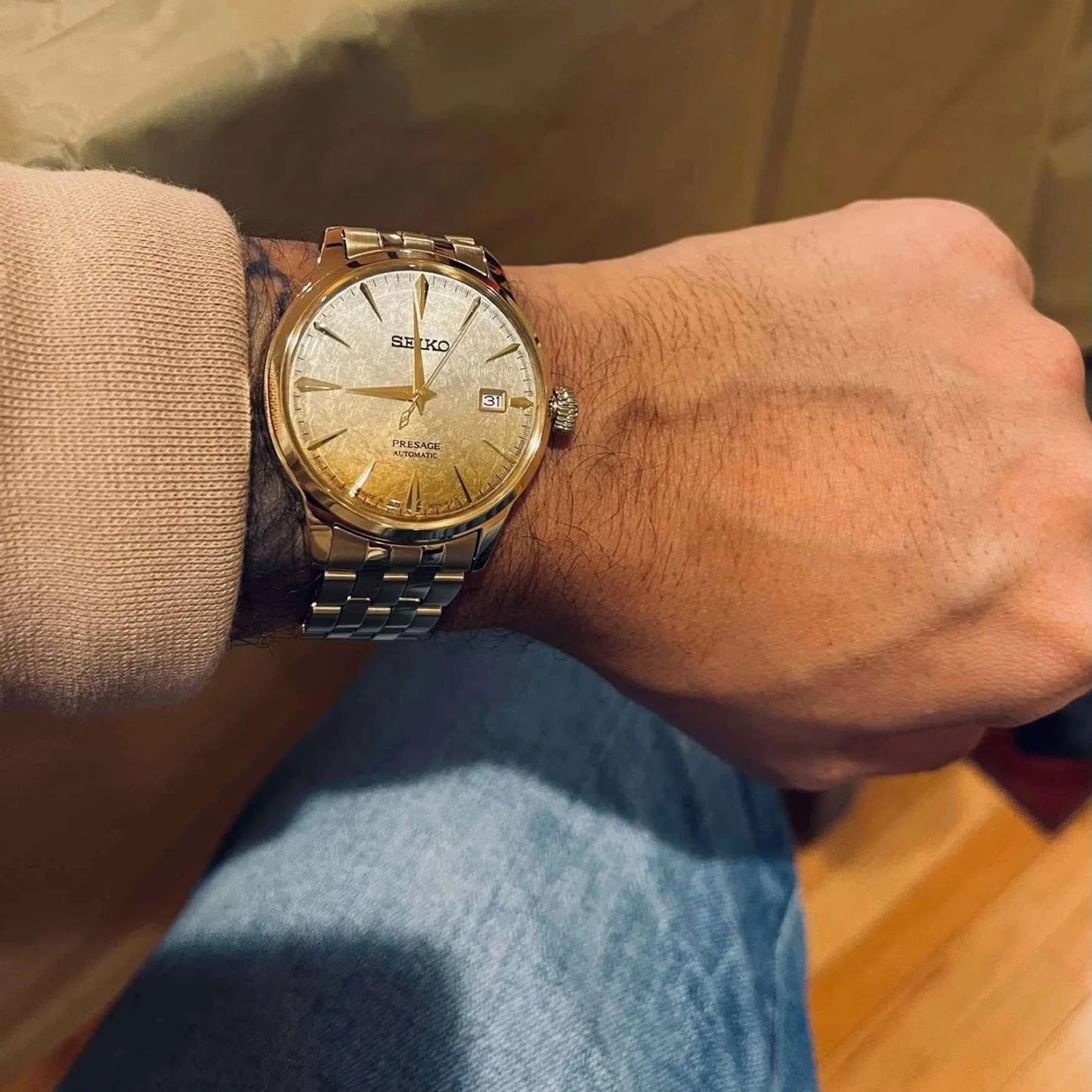 Seiko Special Edition Presage Cocktail Time Beer Julep Men's Gold Ion Plated Stainless Steel Watch SRPK46J1