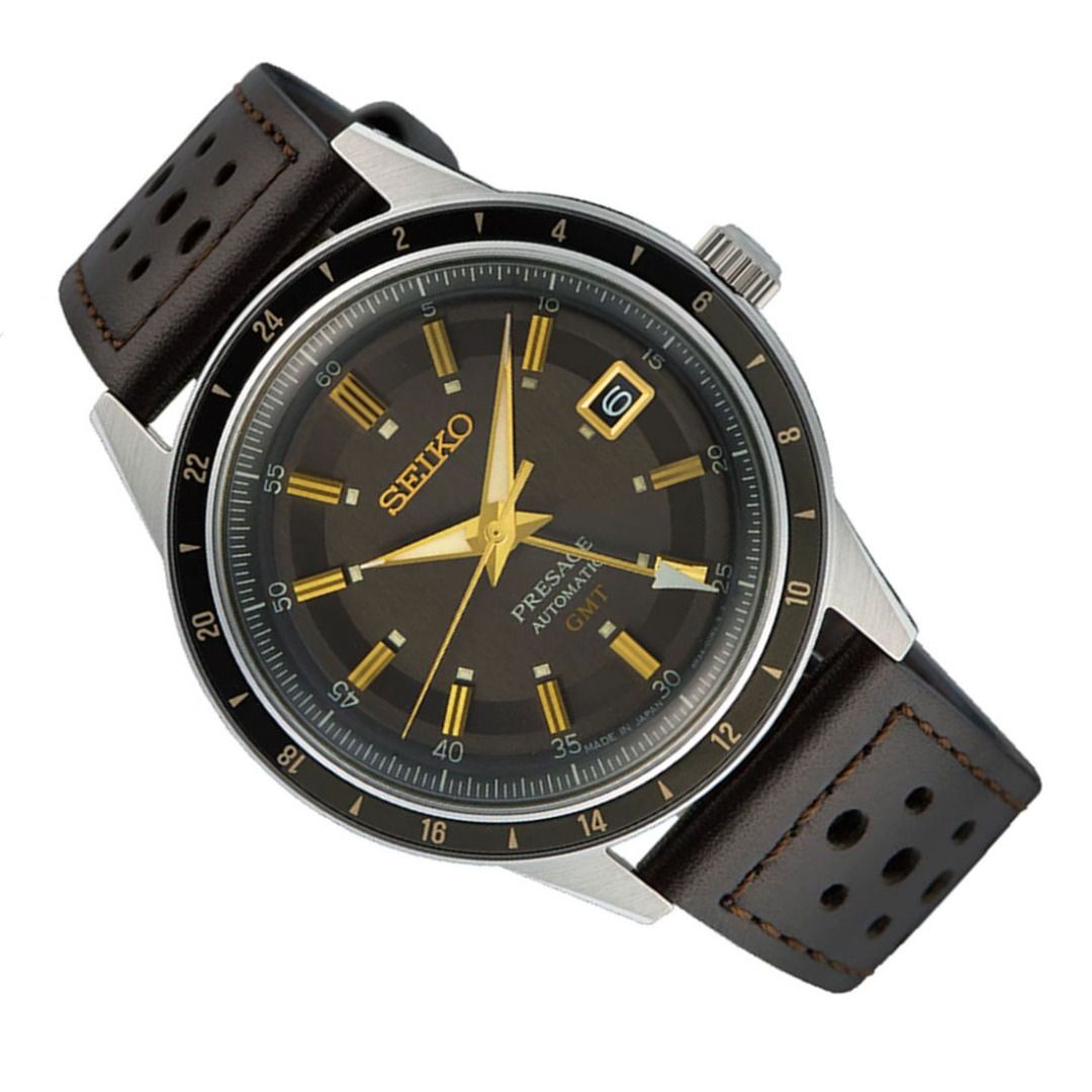 Seiko Presage Style 60 Fume Grey Dial GMT Men's Dark Brown Leather Strap Watch SSK013J1