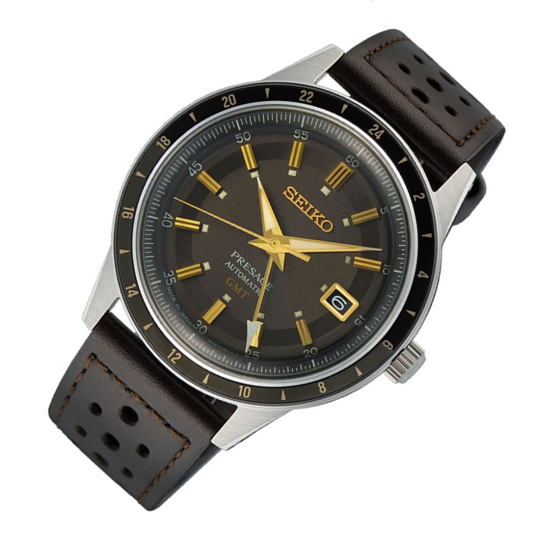 Seiko Presage Style 60 Fume Grey Dial GMT Men's Dark Brown Leather Strap Watch SSK013J1