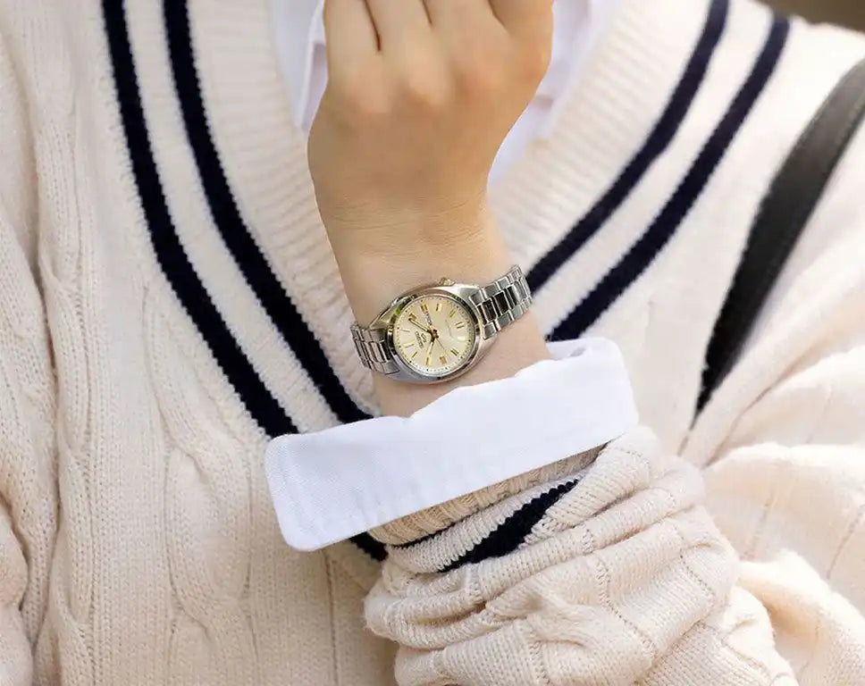 Seiko 5 Sports 100M SNXS Reissue Champagne Gold Dial Automatic Stainless Steel Ladies Watch SRE023K1