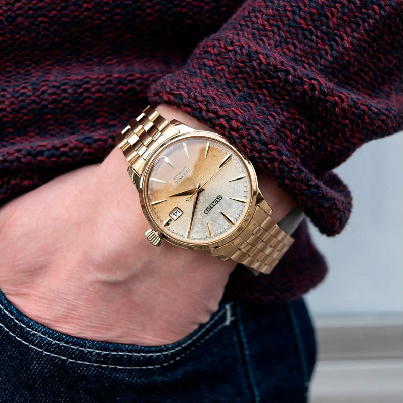 Seiko Special Edition Presage Cocktail Time Beer Julep Men's Gold Ion Plated Stainless Steel Watch SRPK46J1