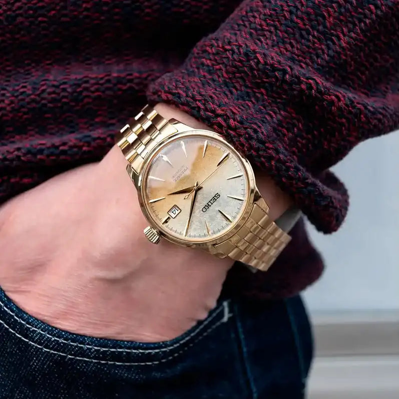 Seiko Special Edition Presage Cocktail Time Beer Julep Men's Gold Ion Plated Stainless Steel Watch SRPK46J1