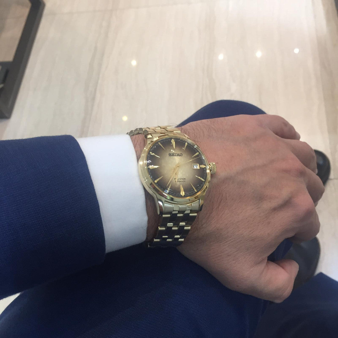 Seiko Special Edition Presage Cocktail Time Half and Half Men's Gold Ion Plated Stainless Steel Watch SRPK48J1