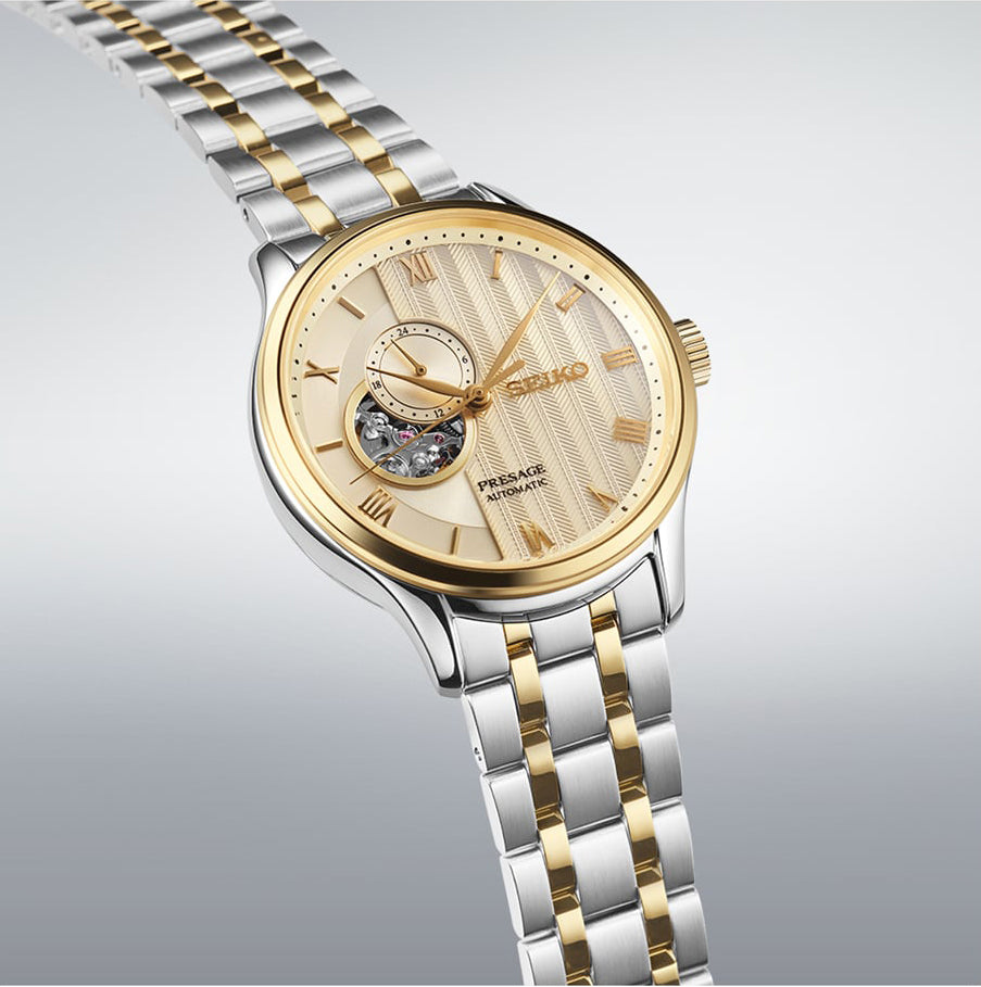 Seiko Presage Japanese Zen Gardens Gold-toned Sand Open Heart Men's Watch SSA464J1