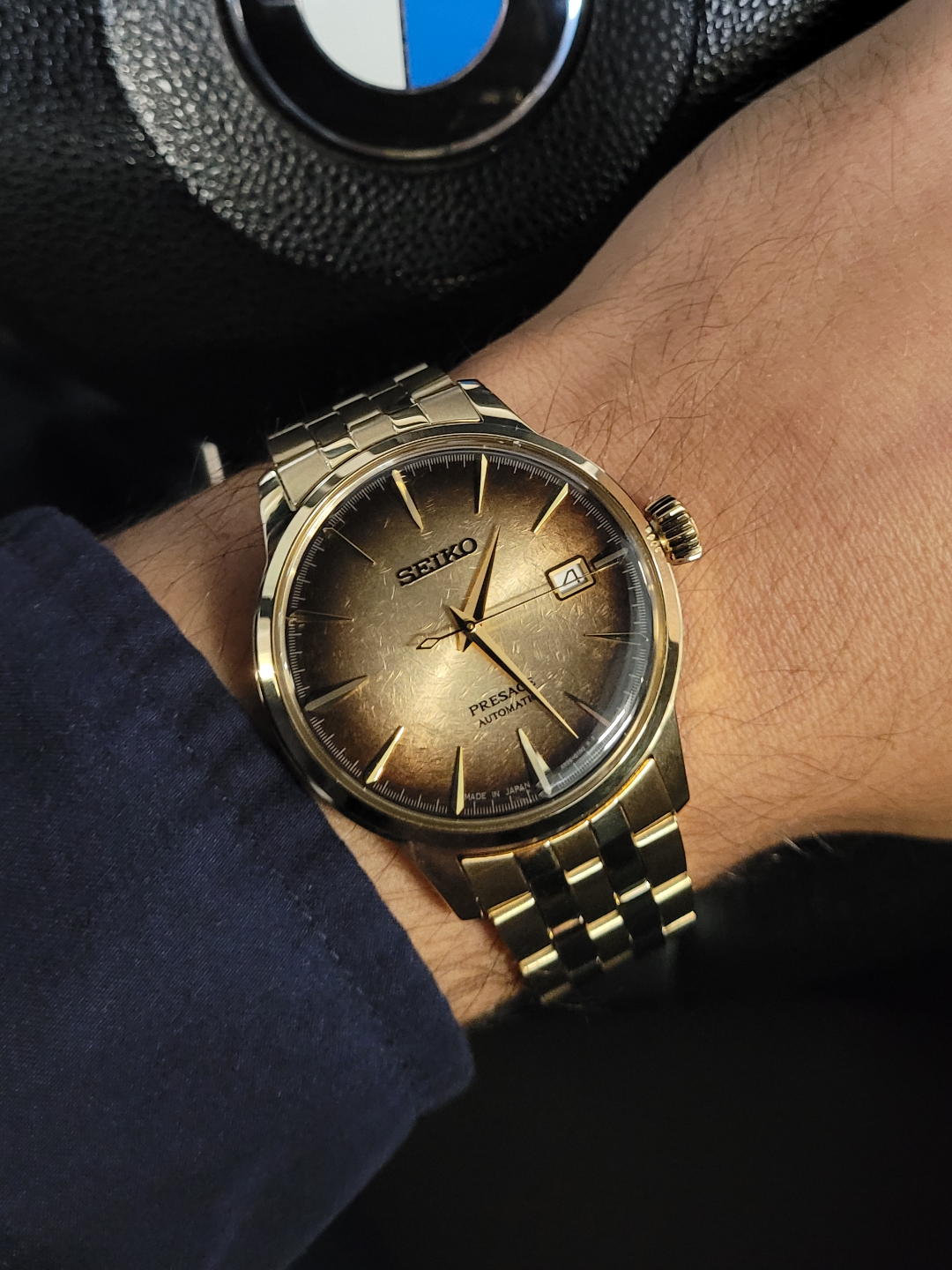 Seiko Special Edition Presage Cocktail Time Half and Half Men's Gold Ion Plated Stainless Steel Watch SRPK48J1